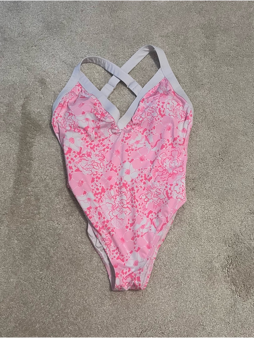 Lilly Pulitzer Niomi Floral V-Neck Pink One-Piece Swimsuit with White Trim - Picture 2 of 4